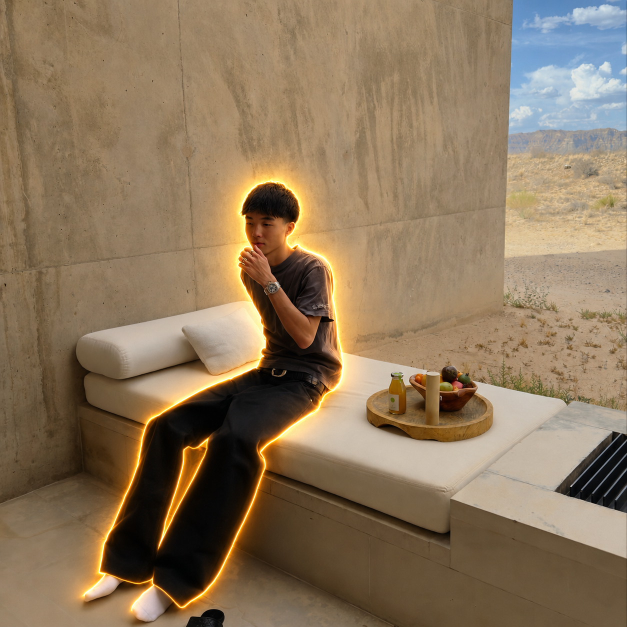 Kimchi, the Glazed One, seated against a concrete wall in the desert with a golden aura tracing his outline